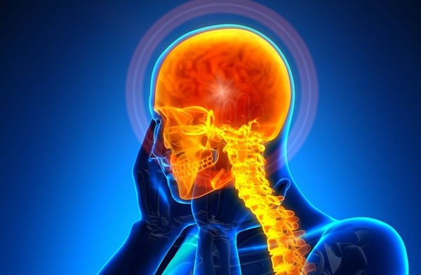 Silhouette rendering of man's upper body with inner view of spine and brain