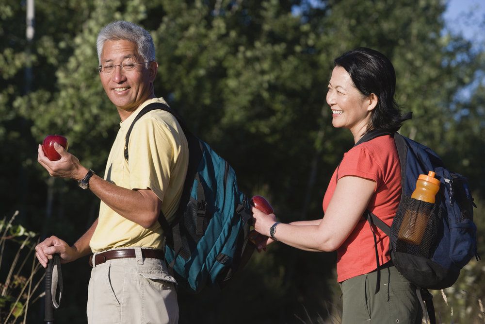 people hiking and smiling