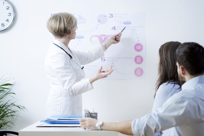 Female fertility doctor speaking with couple and pointing to poster