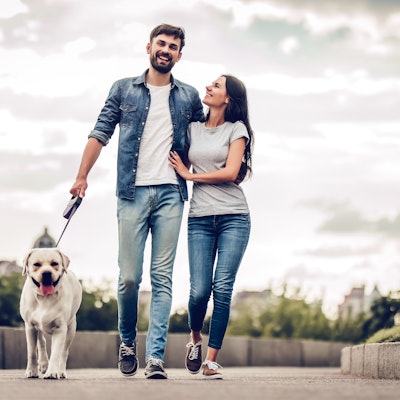 Couple walking their dog