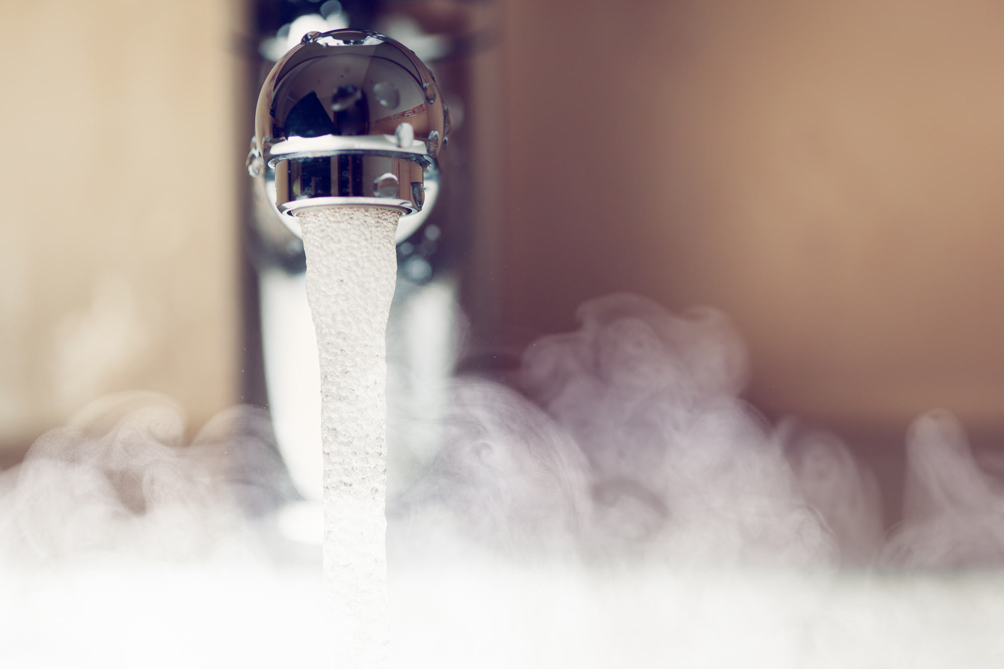 Running hot tap water and steam