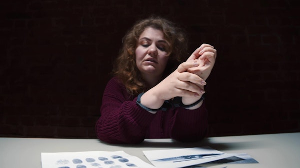 Woman in handcuffs looking at evidence