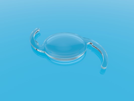 Intraocular lens against light blue background