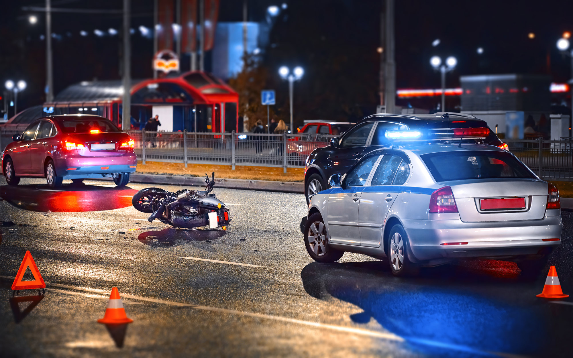 Accident Scene of motorcycle crash with car