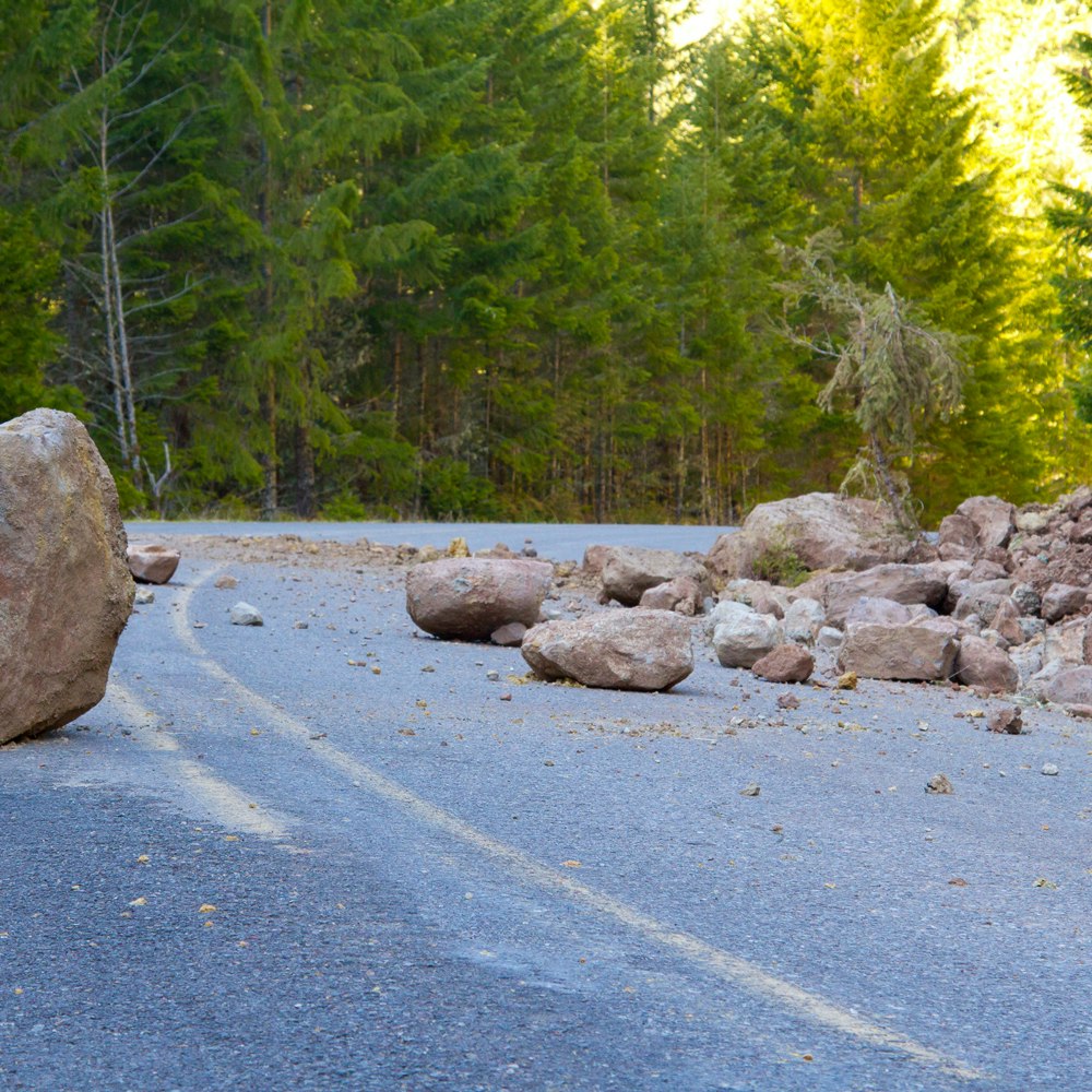 Dangerous road with boulders on it
