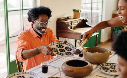 Happy man getting food