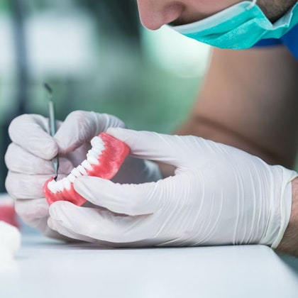 dentist cleaning a set of fake teeth