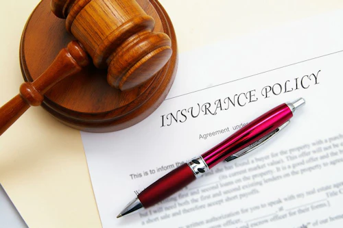 Insurance policy document next to a gavel