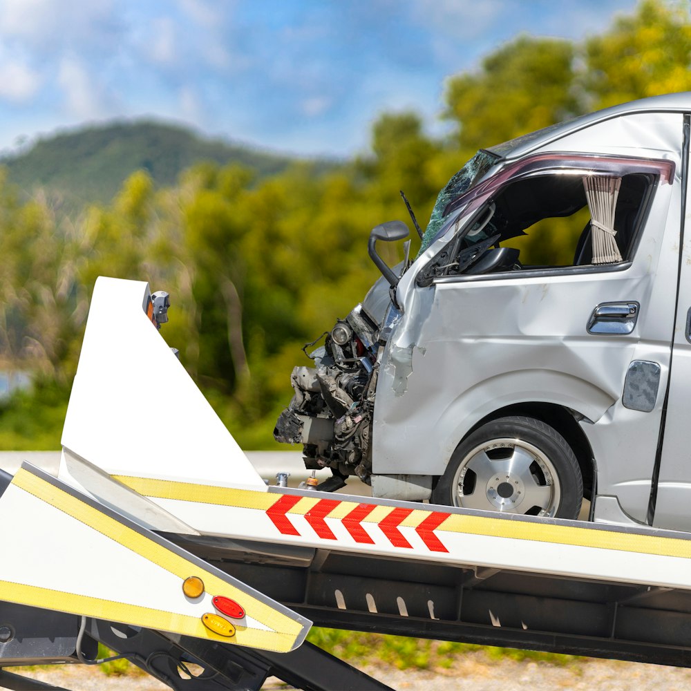 Truck after accident being towed