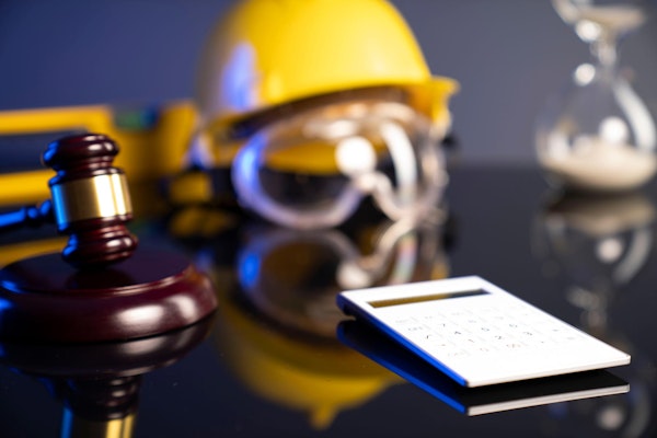 Construction helmet, goggles in the background of a calculator and gavel